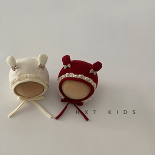 婴儿护耳帽秋冬季超萌可爱蝴蝶结小兔子系带帽子婴幼儿宝宝保暖帽