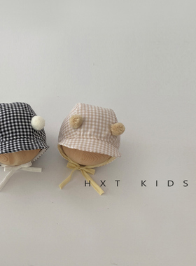 婴儿帽子夏季ins简约双球可爱小格子遮阳宫廷帽0-1岁宝宝遮阳帽春