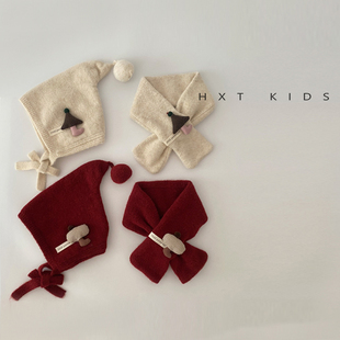 儿童帽子围巾二件套冬季棉布内里超萌可爱蘑菇尖尖帽宝宝护耳帽