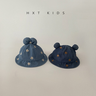 婴儿渔夫帽春秋季小熊刺绣遮阳盆帽春天宝宝蝴蝶结小兔子防晒帽夏