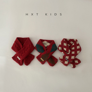 儿童围巾冬季洋气红色系列小标交叉围脖ins韩国宝宝冬天保暖脖套