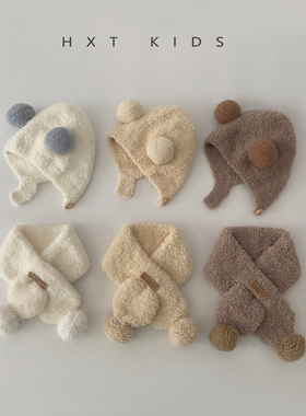 婴儿帽子围巾二件套秋冬超萌可爱毛绒双球护耳帽婴幼儿宝宝套装冬