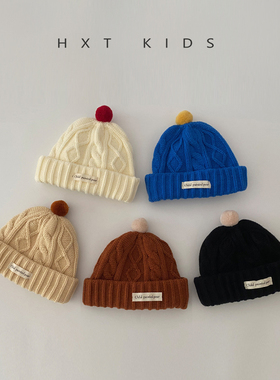 婴儿毛线帽秋冬季洋气小标拼色毛球套头帽子婴幼儿宝宝穿搭针织帽