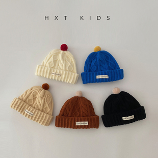 婴儿毛线帽秋冬季洋气小标拼色毛球套头帽子婴幼儿宝宝穿搭针织帽