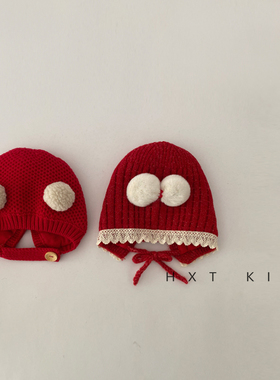 婴儿帽子冬季洋气蝴蝶结红色针织帽3个月小月龄宝宝冬天保暖帽冬6