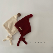 儿童护耳帽冬季 洋气帽顶小球纯色系带针织帽婴幼儿宝宝冬天帽子潮