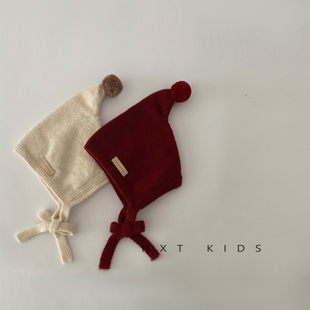 儿童护耳帽冬季洋气帽顶小球纯色系带针织帽婴幼儿宝宝冬天帽子潮