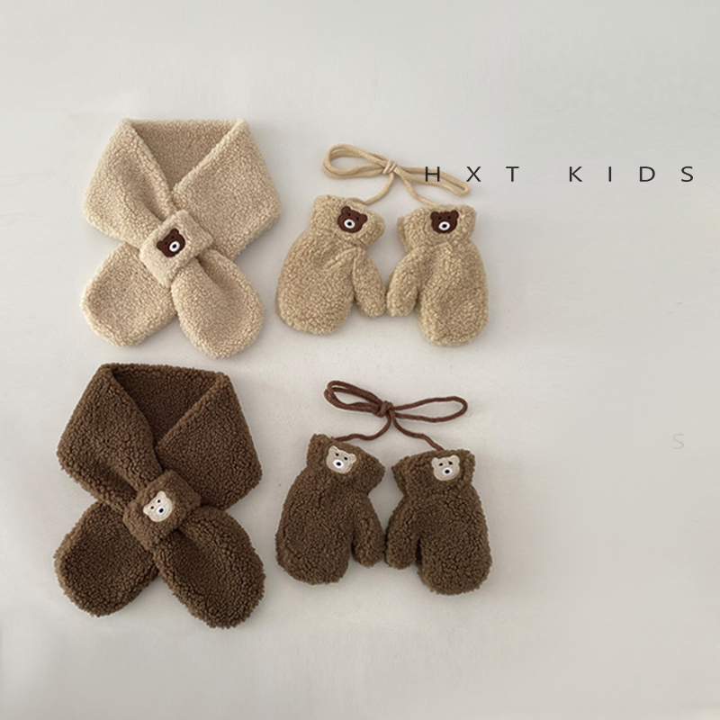 围巾手套套装可爱小熊刺绣加绒