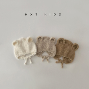 婴儿针织帽秋冬季加厚保暖超萌可爱小熊系带护耳帽婴幼儿宝宝帽子