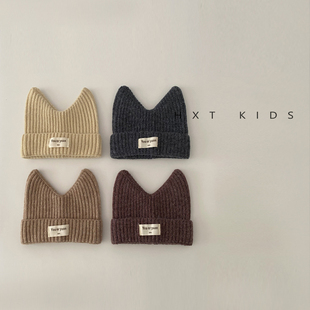 婴儿毛线帽秋冬季洋气双角尖尖套头帽子婴幼儿宝宝小布标针织帽潮