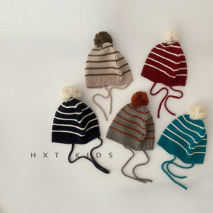 儿童针织帽洋气条纹系带大毛球毛线帽潮童宝宝秋冬季薄款护耳帽潮