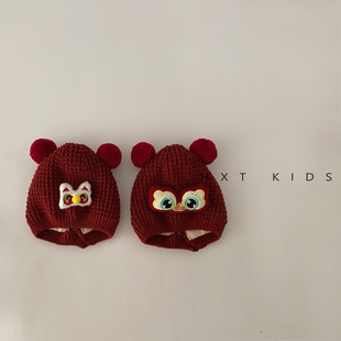 婴儿针织帽冬季超萌可爱醒狮红色双球护耳帽小月龄宝宝保暖帽子冬