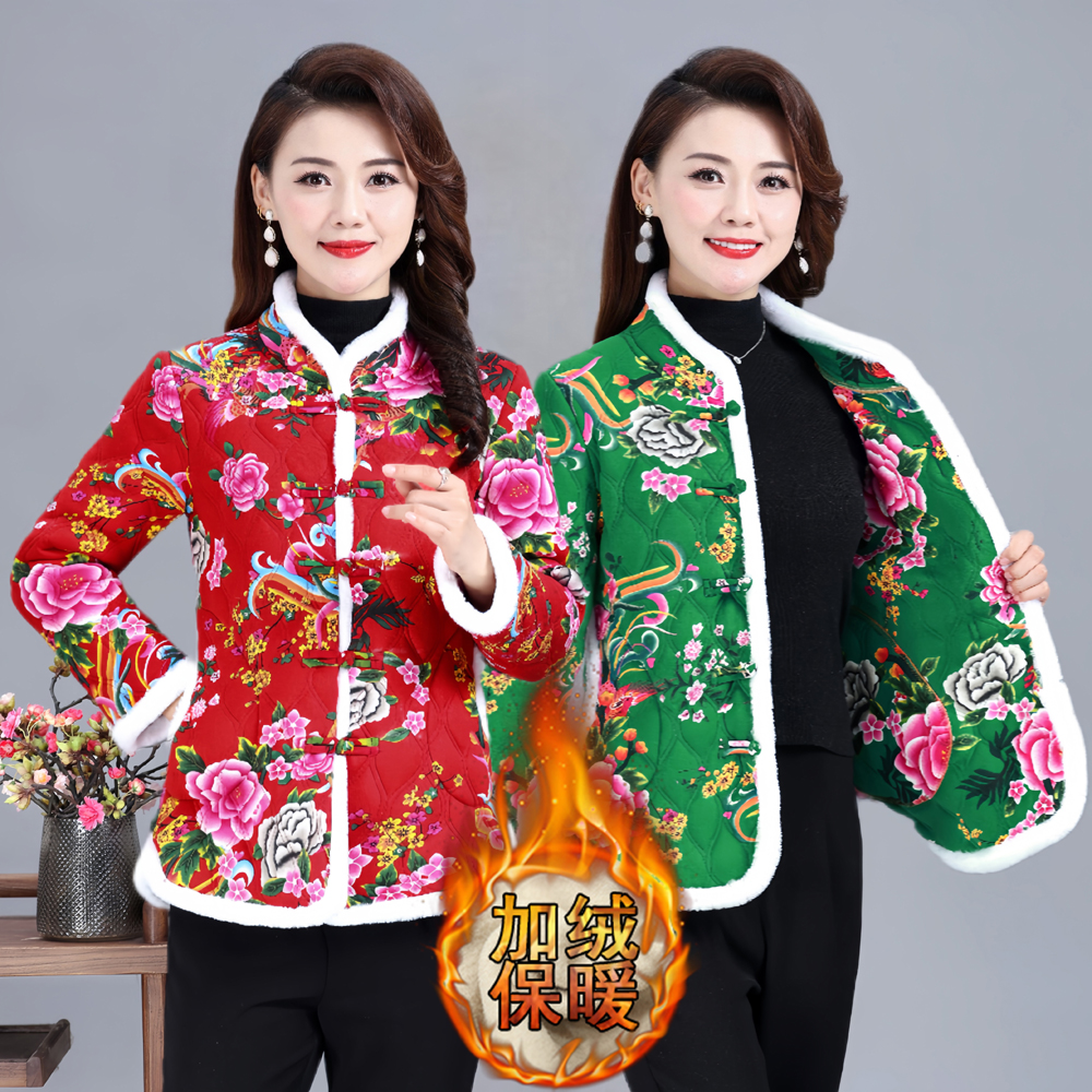 东北大花袄盘扣棉衣改良唐装妈妈民族风棉服秋冬加厚驼绒棉外套女
