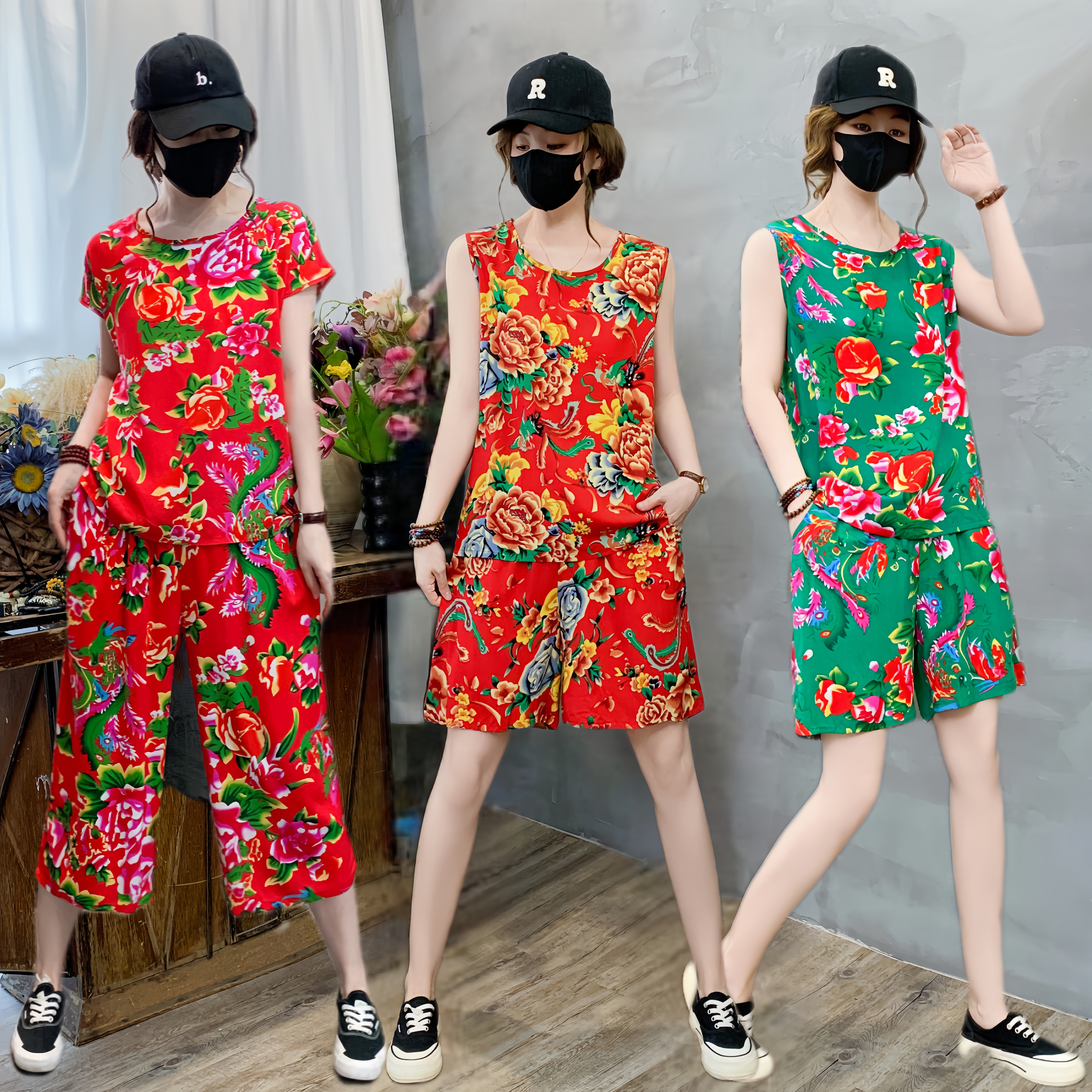 东北大花人造棉套装民族风扇子舞