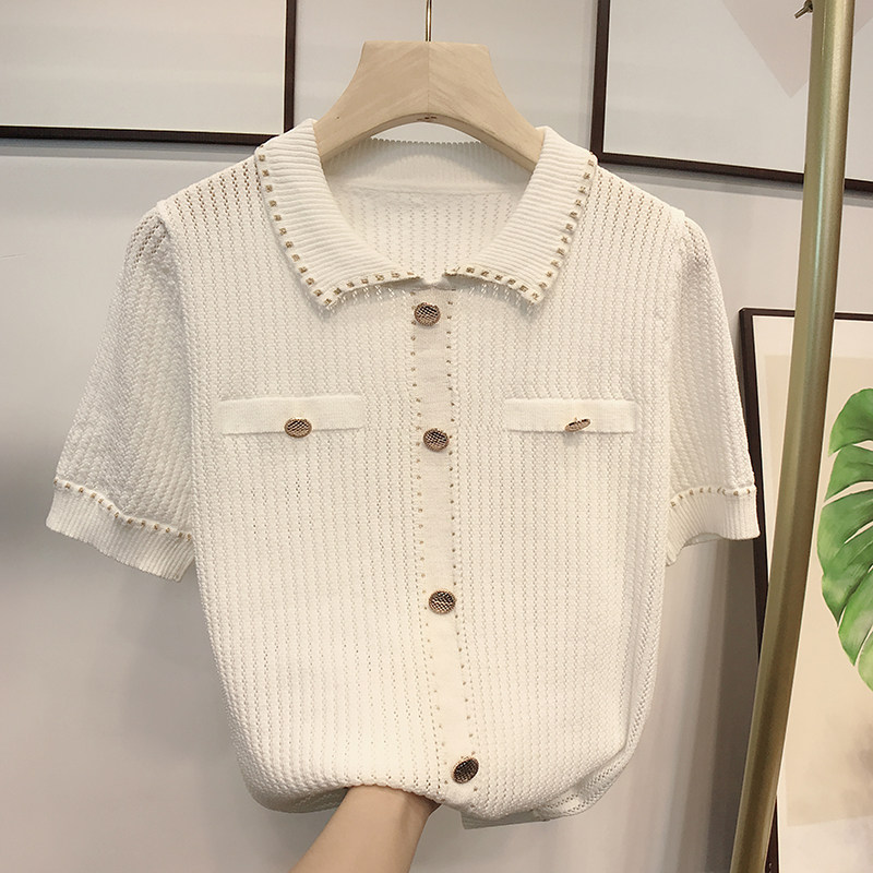 여름 신제품 XIAOXIANGFENG 중공 니트 옷깃 폴로 셔츠 여성용 느슨한 짧은 흑백 반팔 티셔츠 탑