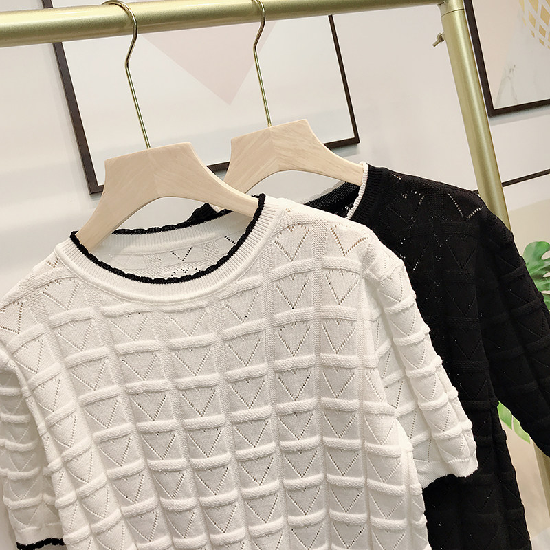 라운드 넥 반팔 티셔츠 여성 풀오버 틈새 디자인 레이스 마름모 패션 단순 느슨한 얼음 실크 스웨터