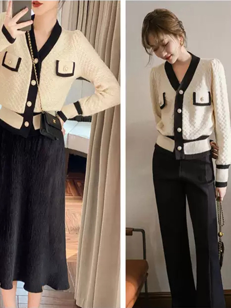 BLACK AND WHITE CONTRASTING V-NECK SINGLE-BREASTED CROPPED KNITTED CARDIGAN WORN OVER AUTUMN AND WINTER A JAPANESE LAZY SWEATER JACKET