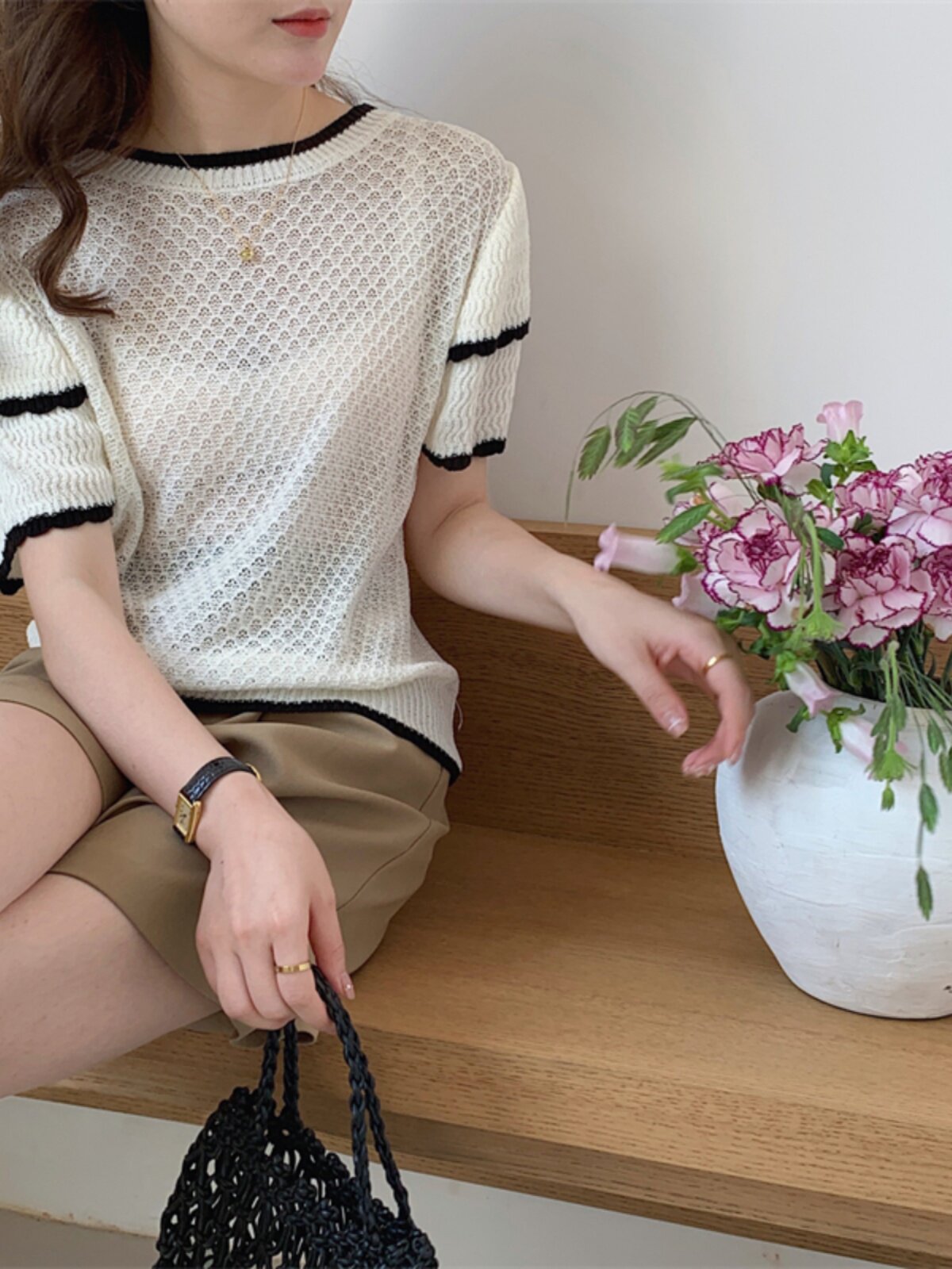 여성용 여름 얼음 실크 중공 스웨터 느슨한 트위스트 짧은 소매 라운드 넥 풀오버 솔리드 컬러 단순 얇은 반팔 티셔츠