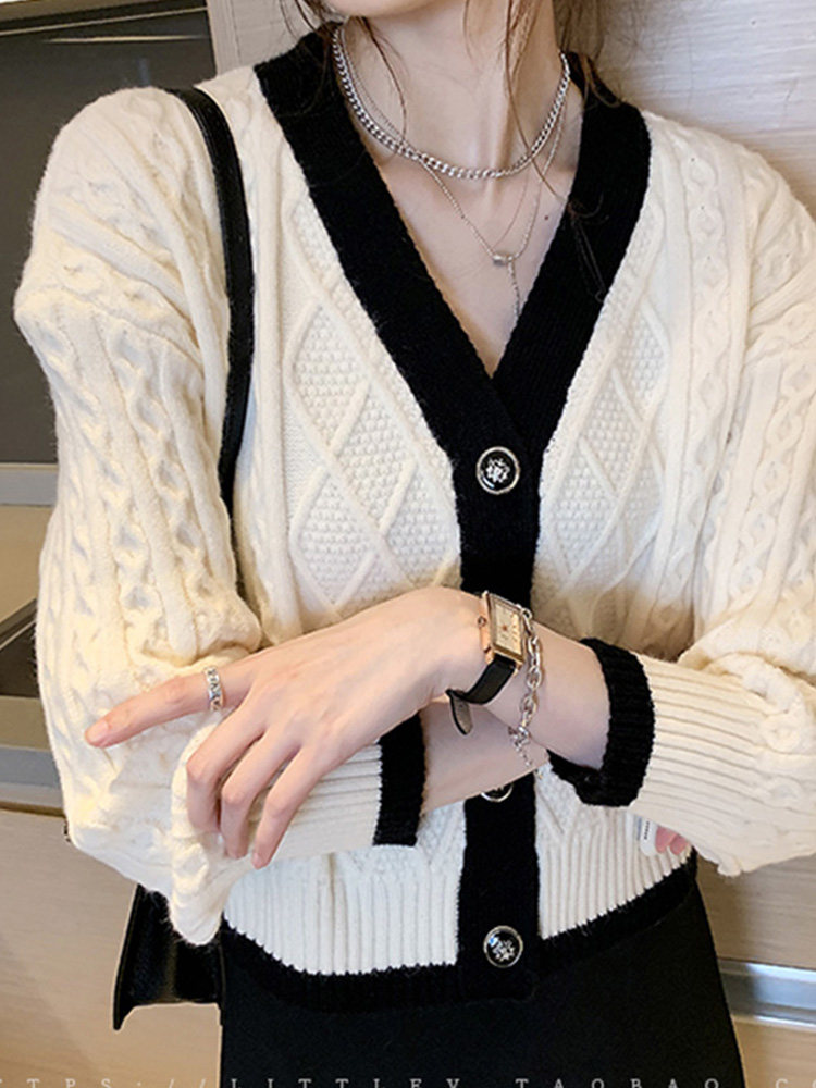 가을 겨울 여성용 레트로 게으른 스타일 니트 카디건 새로운 대비 색상 루즈한 아우터 V 넥 하이 엔드 스웨터 재킷