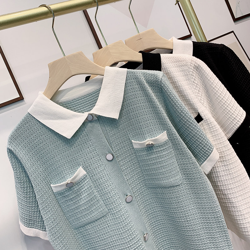폴로 셔츠 옷깃 반팔 티셔츠 여성용 느슨한 얇은 여름 V 넥 아이스 실크 스웨터 중공 버튼 쇼트 탑