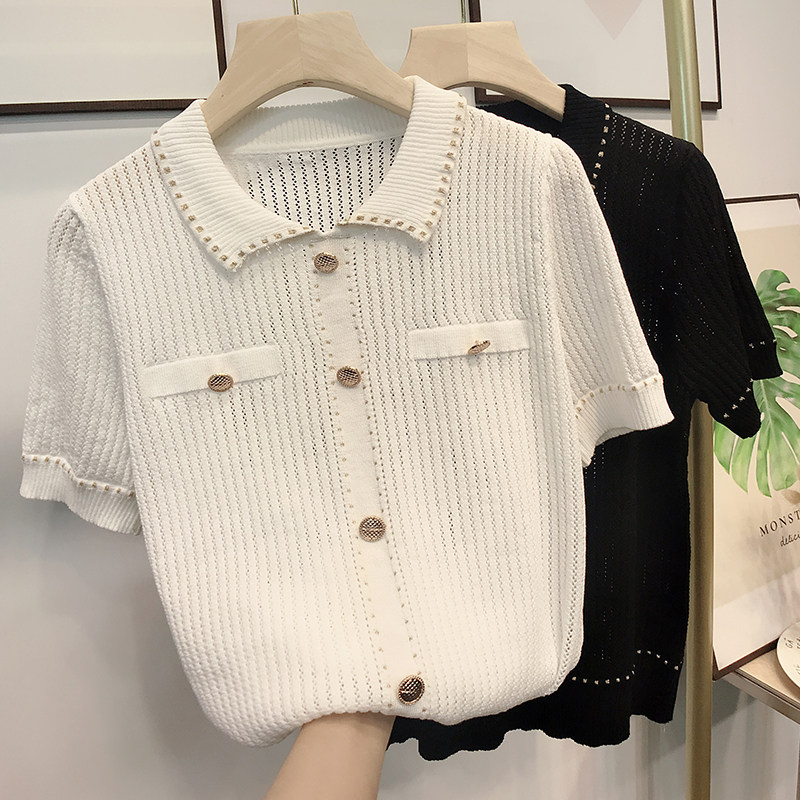 여름 신제품 XIAOXIANGFENG 중공 니트 옷깃 폴로 셔츠 여성용 느슨한 짧은 흑백 반팔 티셔츠 탑