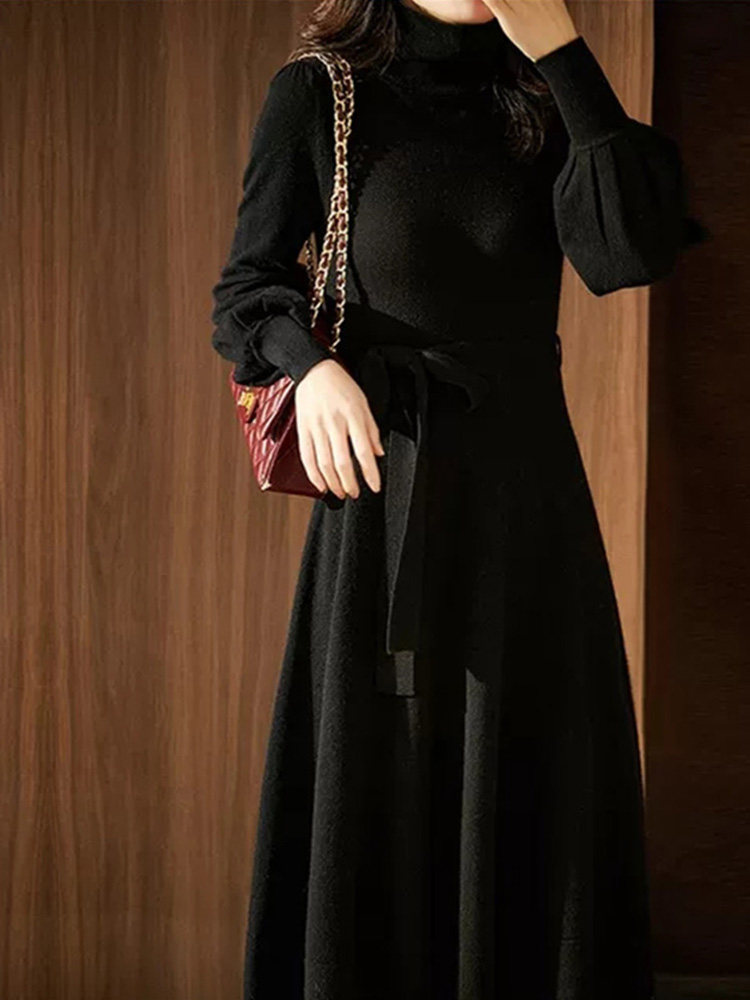 RED HIGH NECK KNITTED DRESS WOMENS FALL WINTER 2024 NEW VINTAGE LAZY WIND BALLOON SLEEVE BASE SWEATER DRESS