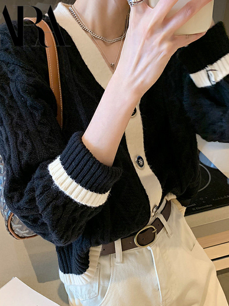 가을 겨울 여성용 레트로 게으른 스타일 니트 카디건 새로운 대비 색상 루즈한 아우터 V 넥 하이 엔드 스웨터 재킷