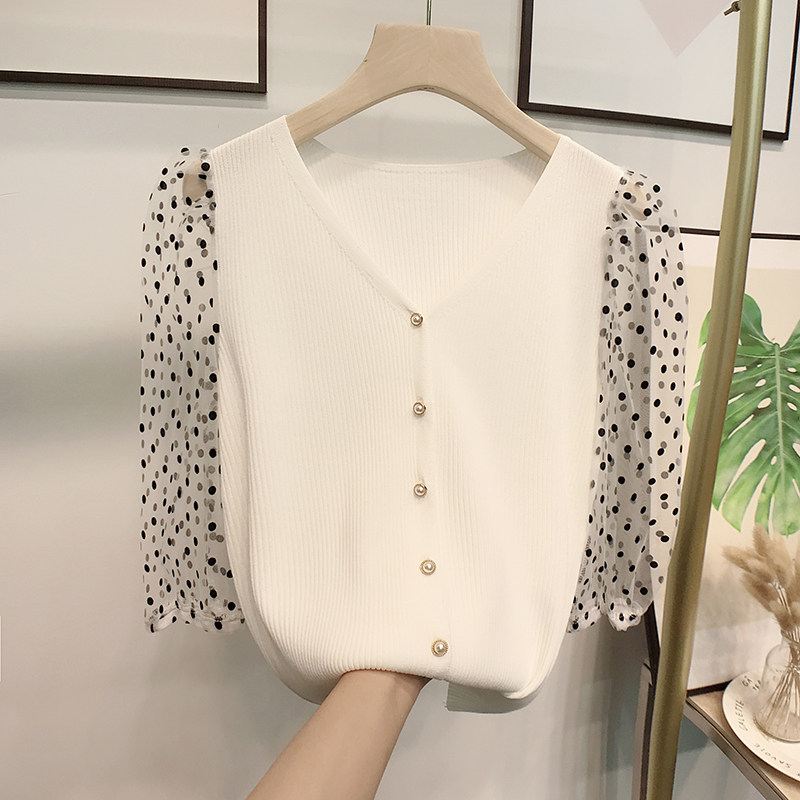 여름 아이스 실크 퍼프 슬리브 스플 라이스 탑 중공 니트 레이디스 다목적 루즈 얇은 풀오버 가디건