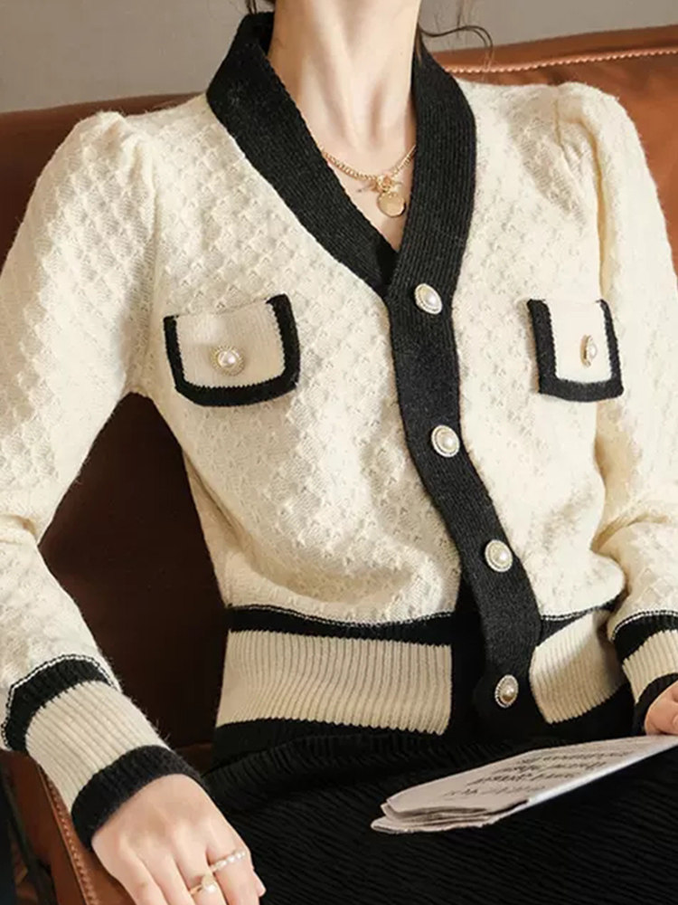 BLACK AND WHITE CONTRASTING V-NECK SINGLE-BREASTED CROPPED KNITTED CARDIGAN WORN OVER AUTUMN AND WINTER A JAPANESE LAZY SWEATER JACKET