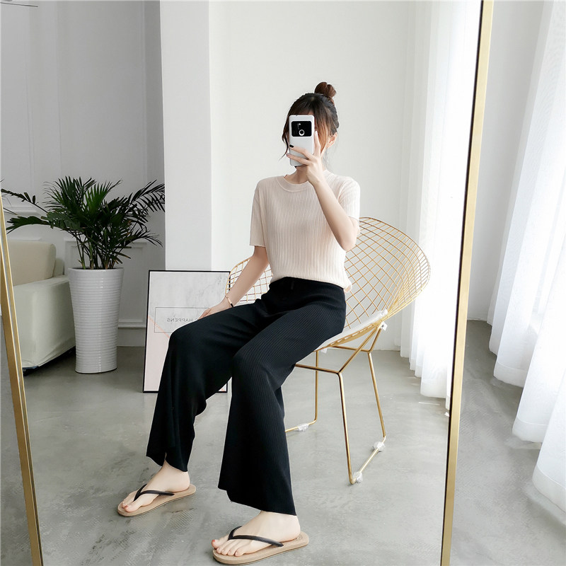 아이스 실크 니트 와이드 팬츠 여름 얇은 하이웨이스트 스트레이트 팬츠 루즈하고 슬림한 홍콩 스타일 만능 기질 9부 팬츠