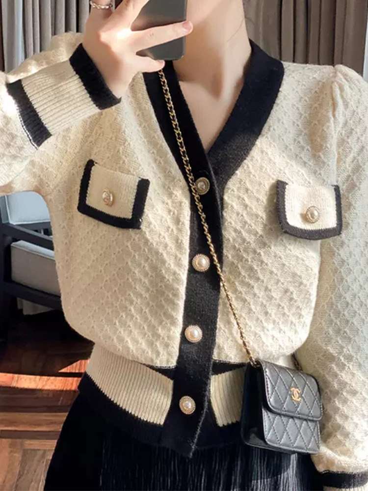 BLACK AND WHITE CONTRASTING V-NECK SINGLE-BREASTED CROPPED KNITTED CARDIGAN WORN OVER AUTUMN AND WINTER A JAPANESE LAZY SWEATER JACKET
