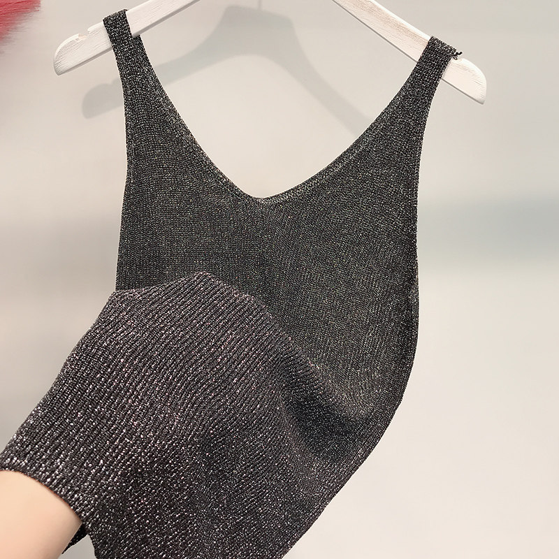 여성용 캐미솔 여름 얼음 실크 니트 밝은 실크 작은 서스펜더 외부 섹시 탑 쇄골 V 넥 바닥 여성 속옷