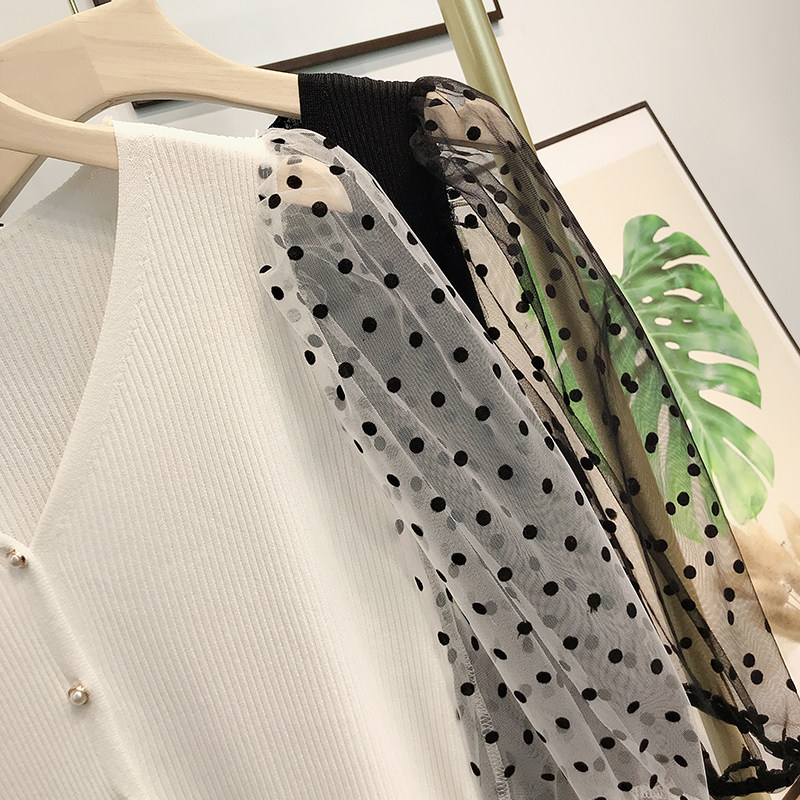 여름 아이스 실크 퍼프 슬리브 스플 라이스 탑 중공 니트 레이디스 다목적 루즈 얇은 풀오버 가디건