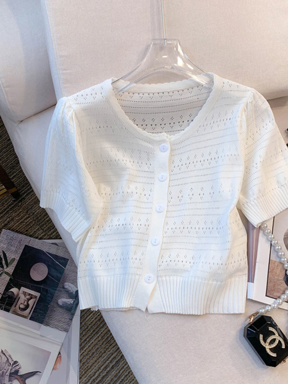 TOPS 2024 SUMMER NEW SHORT EMBROIDERY SMALL CHERRY CUTOUT KNIT CARDIGAN WOMENS THIN FASHION VERSATILE SHORT SLEEVES