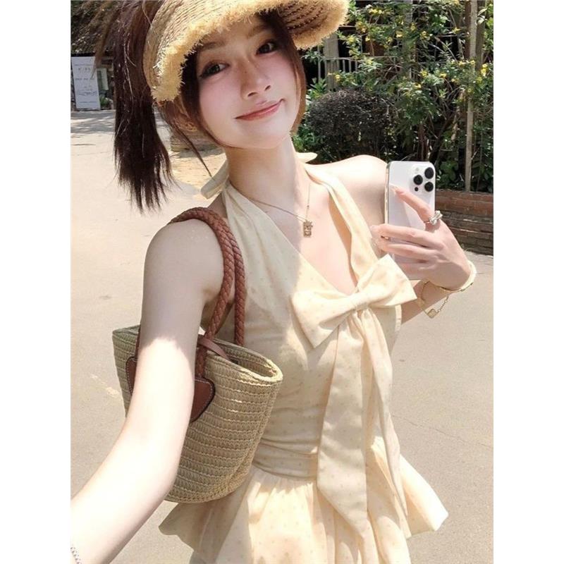 夏季新款波点蝴蝶结V领露