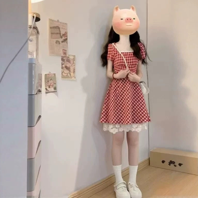 大码法式甜美初恋格子短