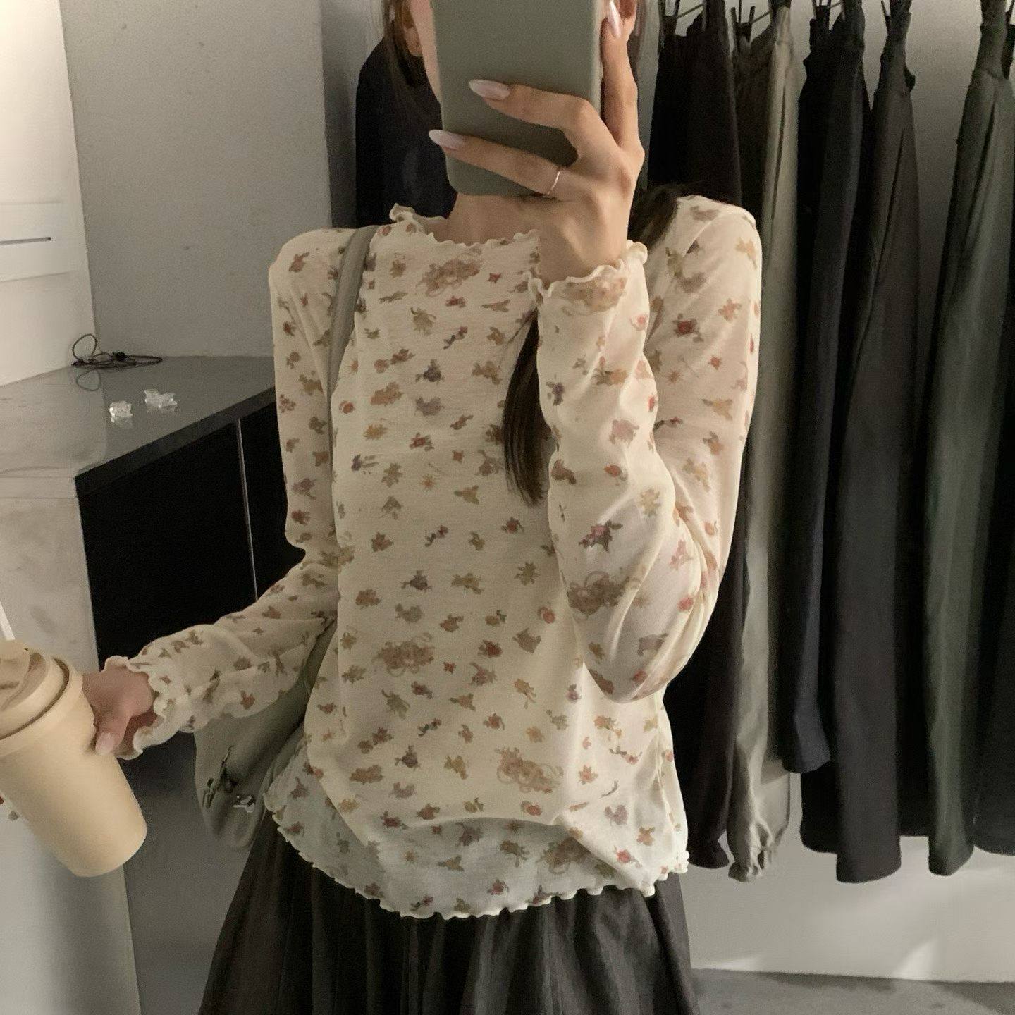 韩系木耳边碎花叠穿长袖t恤女2026秋新款百搭显瘦打底衫上衣小衫