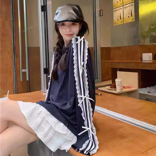 蕾丝花边条纹蝴蝶结长袖t恤上衣