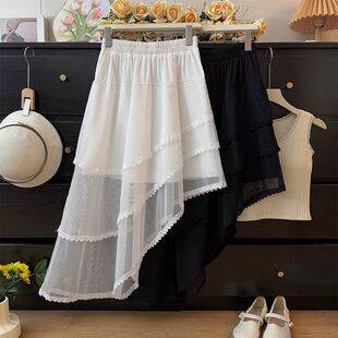 不规则蕾丝花边拼接网纱半身裙女春季 2025高腰A字褶皱层层蛋糕裙