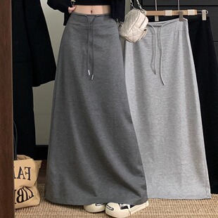 高腰百搭直筒裙灰色长裙 秋季 韩版 抽绳开叉半身裙垂坠感A字裙女装