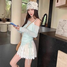 度假风蕾丝吊带背心露肩抽绳薄款长袖防晒罩衫女夏季纯欲甜美套装