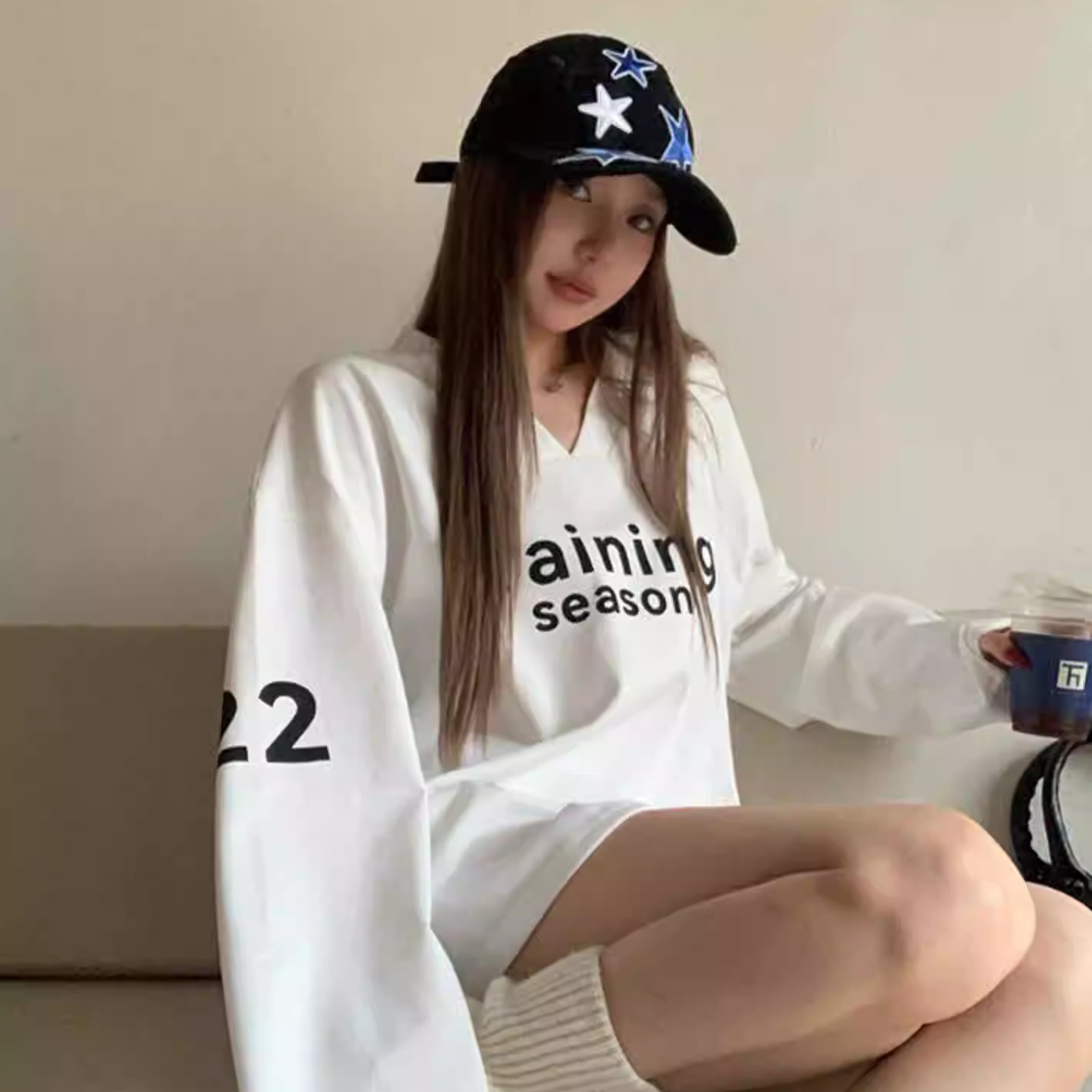 美式时尚字母印花V领长袖纯棉T恤女秋季新款宽松休闲百搭薄款上衣