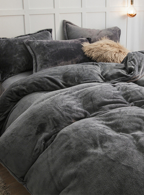 冬天加绒四件套牛奶绒180×220被罩珊瑚绒双面灰色1米2床单三件套