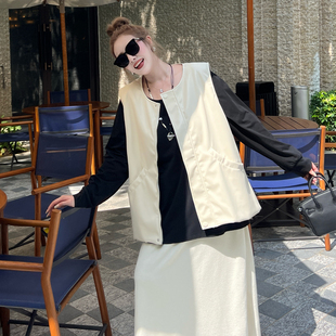 【年末6折】媛子家大码秋季胖mm时尚百搭背心外套短款pu皮马甲女