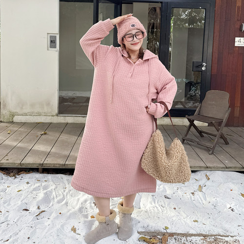 媛子家冬季大码宽松型孕妇连衣裙保暖连帽卫衣裙女