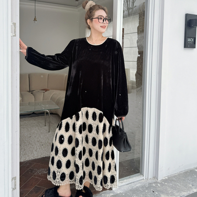 媛子家大码春季宽松丝绒胖mm蕾丝拼接假两件连衣裙女韩版通勤风女