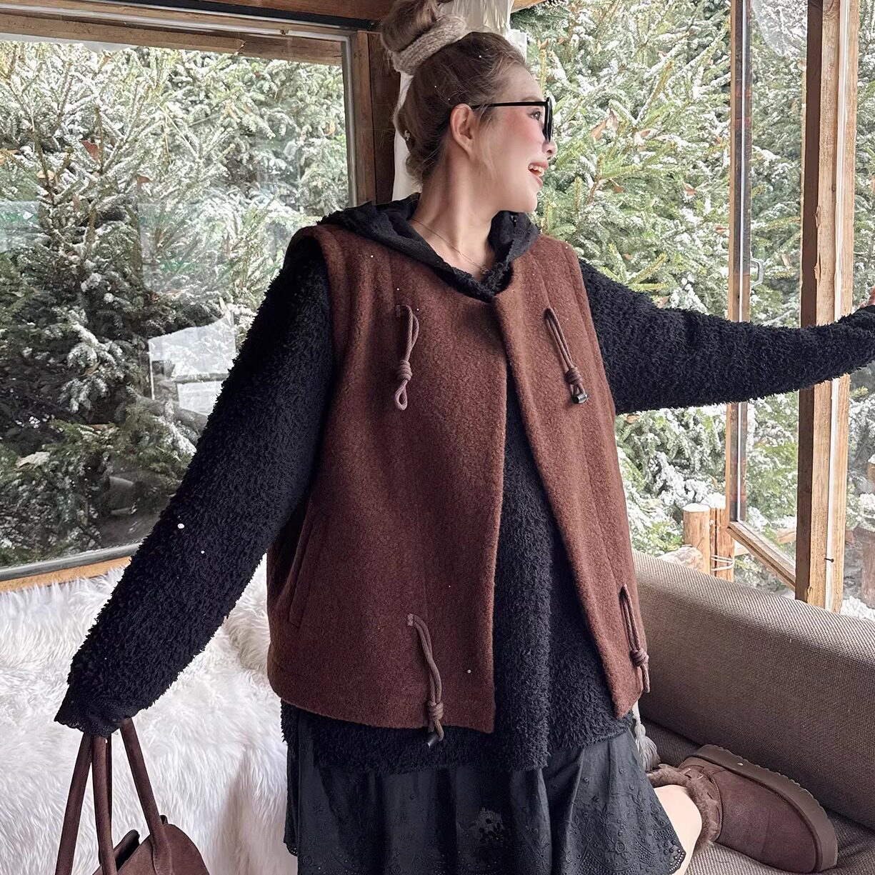 【年末7折】媛子家大码冬季宽松胖mm通勤百搭毛绒马甲外套开衫女