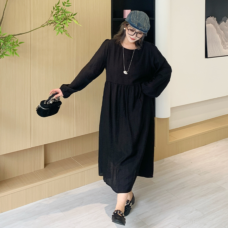 媛子家大码女装2025春季新款胖mm长裙遮肉显瘦宽松黑色长袖连衣裙