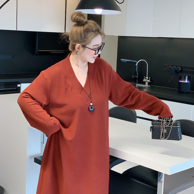 【年末6折】媛子大码冬季打底裙宽松v领百搭卫衣裙胖mm加厚连衣裙