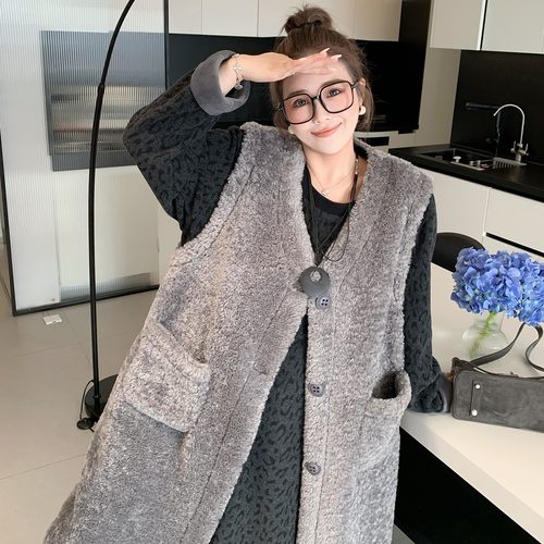 媛子家大码冬季胖mm6色休闲马夹时尚百搭摇粒绒毛绒长款马甲外套